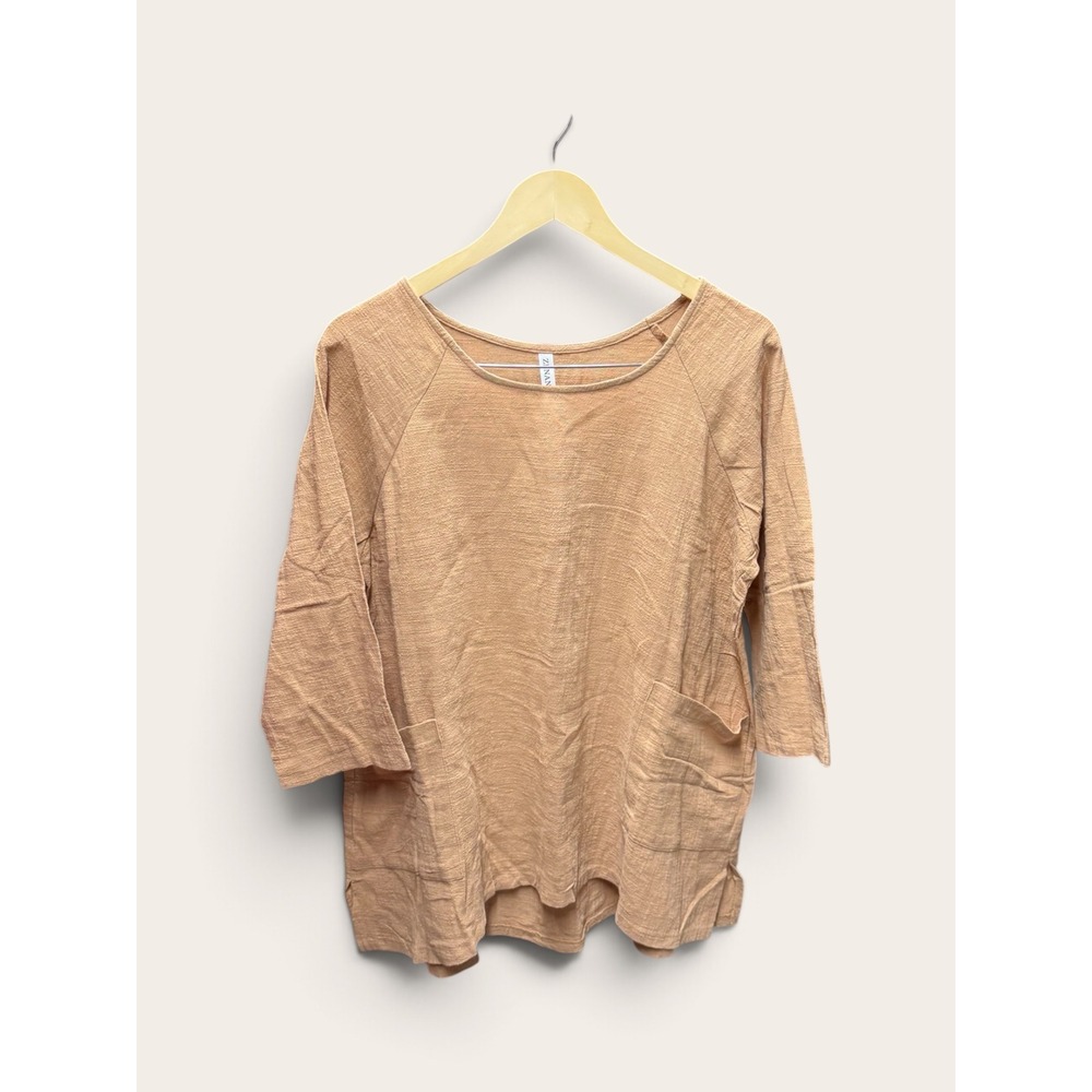 Zenana Women Small Tan Cotton Gauze 3/4 Sleeve Pocket Tunic Top Blouse